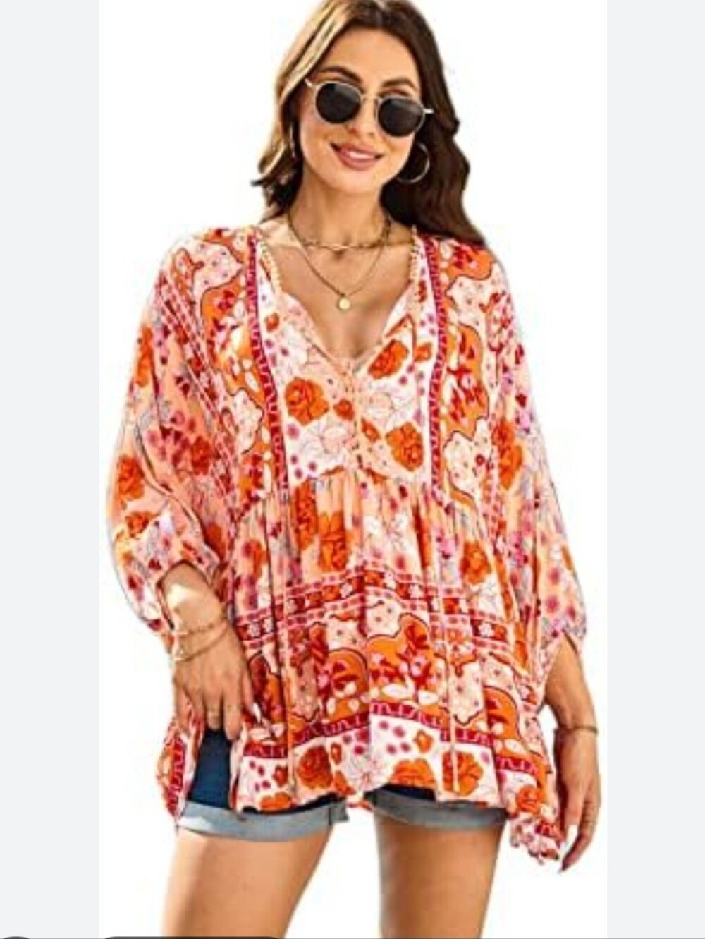 #15 Floral V-Neck Boho Peasant Top in Coral Pink - Oversized -